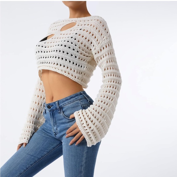 NWT Hollow Out Crochet Knit Crop Top Sweater - Picture 2 of 5